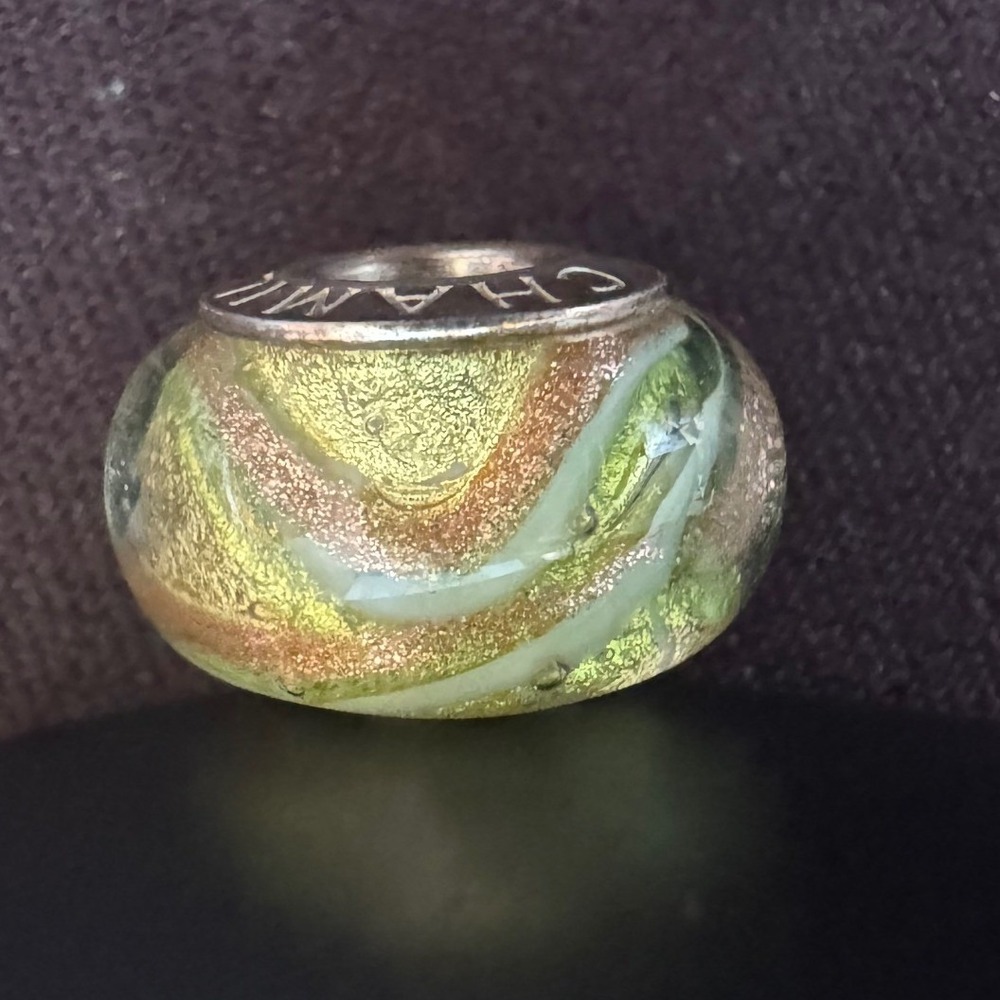 Chamilia 925 Sterling Silver Murano Glass Bead Swirl Charm Green Copper Sparkle